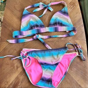 VICTORIA’S SECRET Stripe Rainbow Ombré Bikini Set Halter Top Side Tie Bottom Med